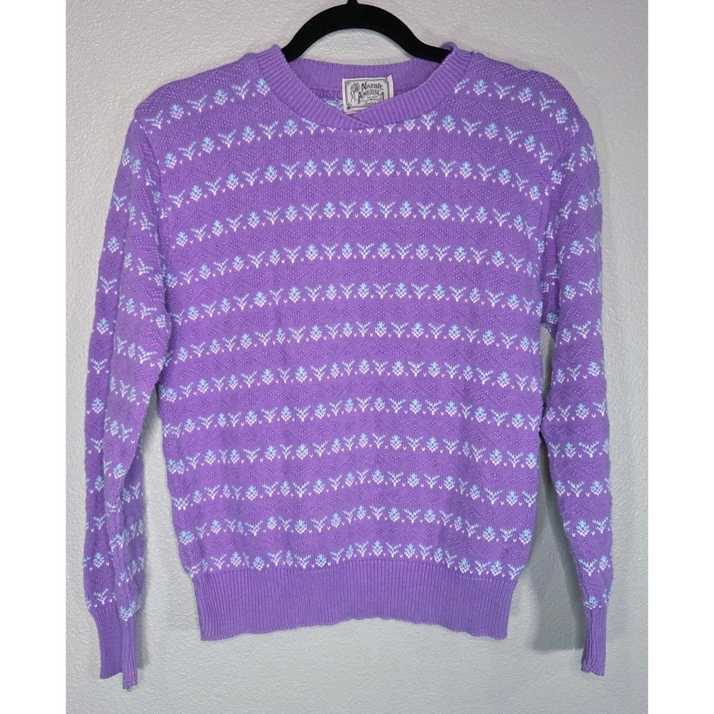 Vintage Native America Fair Isle Sweater Purple Floral Knit Made‎ USA S